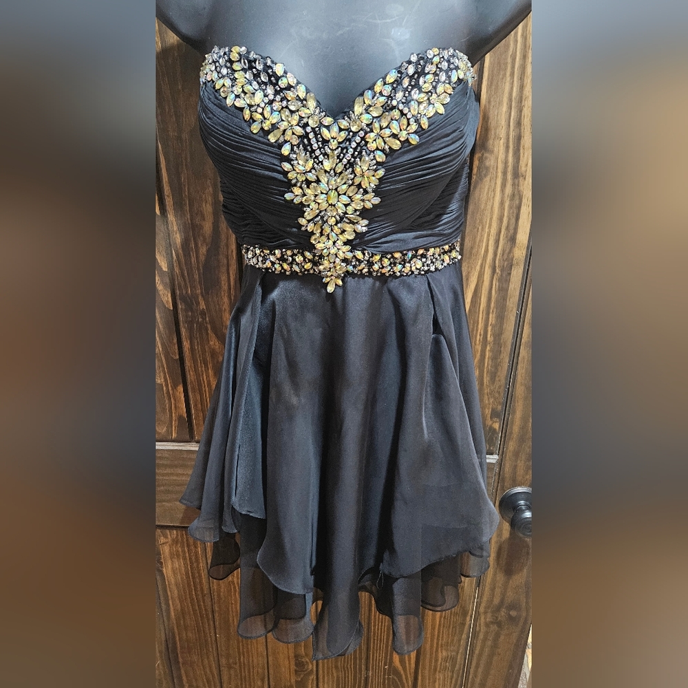 Cinderella Black Strapless Cocktail Dress with Gold Embellishments
